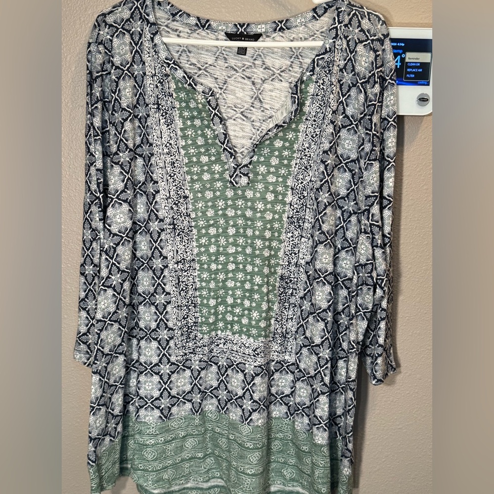 Lucky Brand Green and Navy Mixed-Print V-Neck Tunic